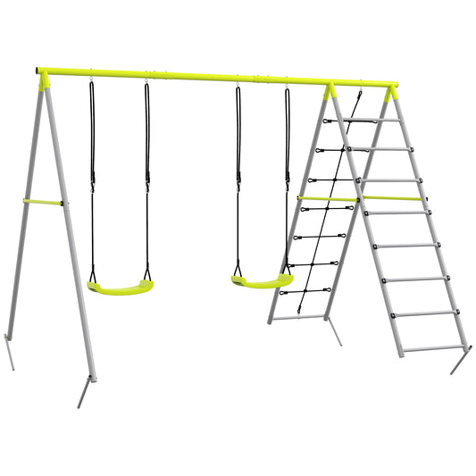 Outsunny Kinderschaukel-Set, mit Kletternetz und Sprossenleiter, für Kinder 3-8 Jahre, Stahlgestell, Grün
