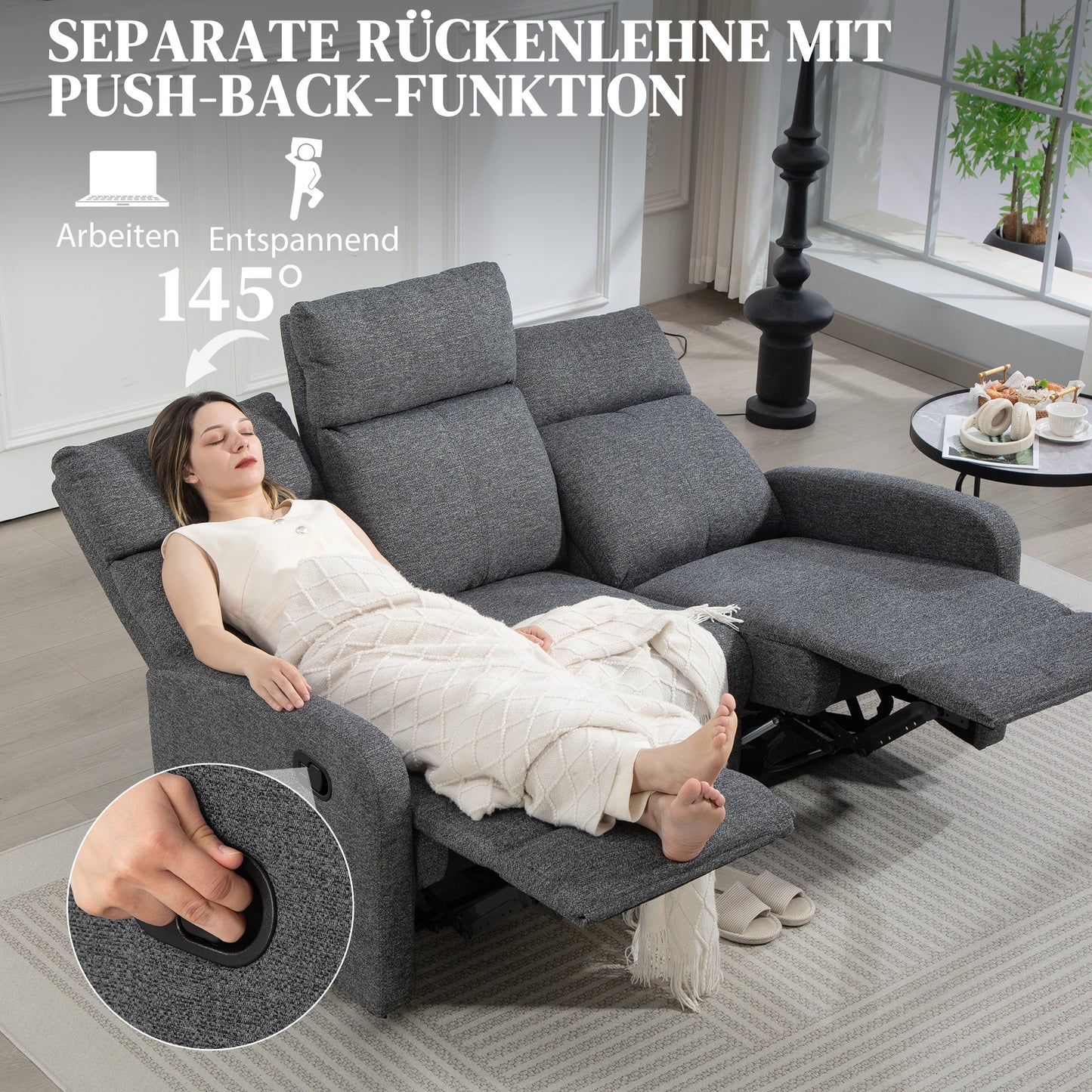 HOMCOM 3-Sitzer-Sofa, individuell verstellbare Rückenlehnen, Fußstütze, Stoffbezug, Metall, Grau