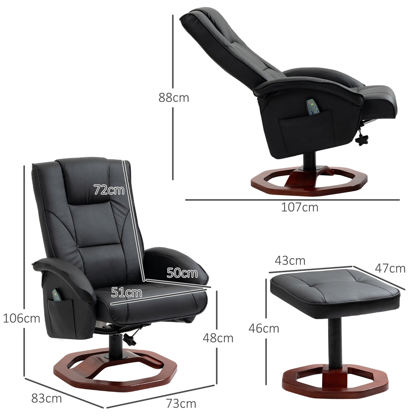 HOMCOM Massagesessel, mit Fußhocker, 10 Massagepunkte, Liegefunktion, drehbarer Sitz, Schwarz, 73 x 83 x 106cm