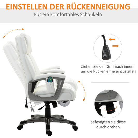 Vinsetto Massage-Bürostuhl 6-Punkt-Massage-Drehstuhl ergonomischer Stuhl Einstellbare aus Kunstleder mit gewölbter Kopfstütze und Armlehne Weiß 70 x 76,5 x 114-124 cm