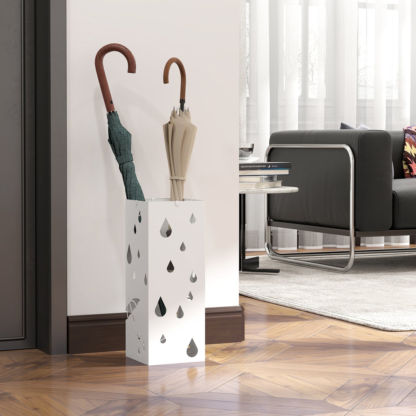 HOMCOM Schirmständer, 4 Haken, Tropfschale, Stahl, Weiß