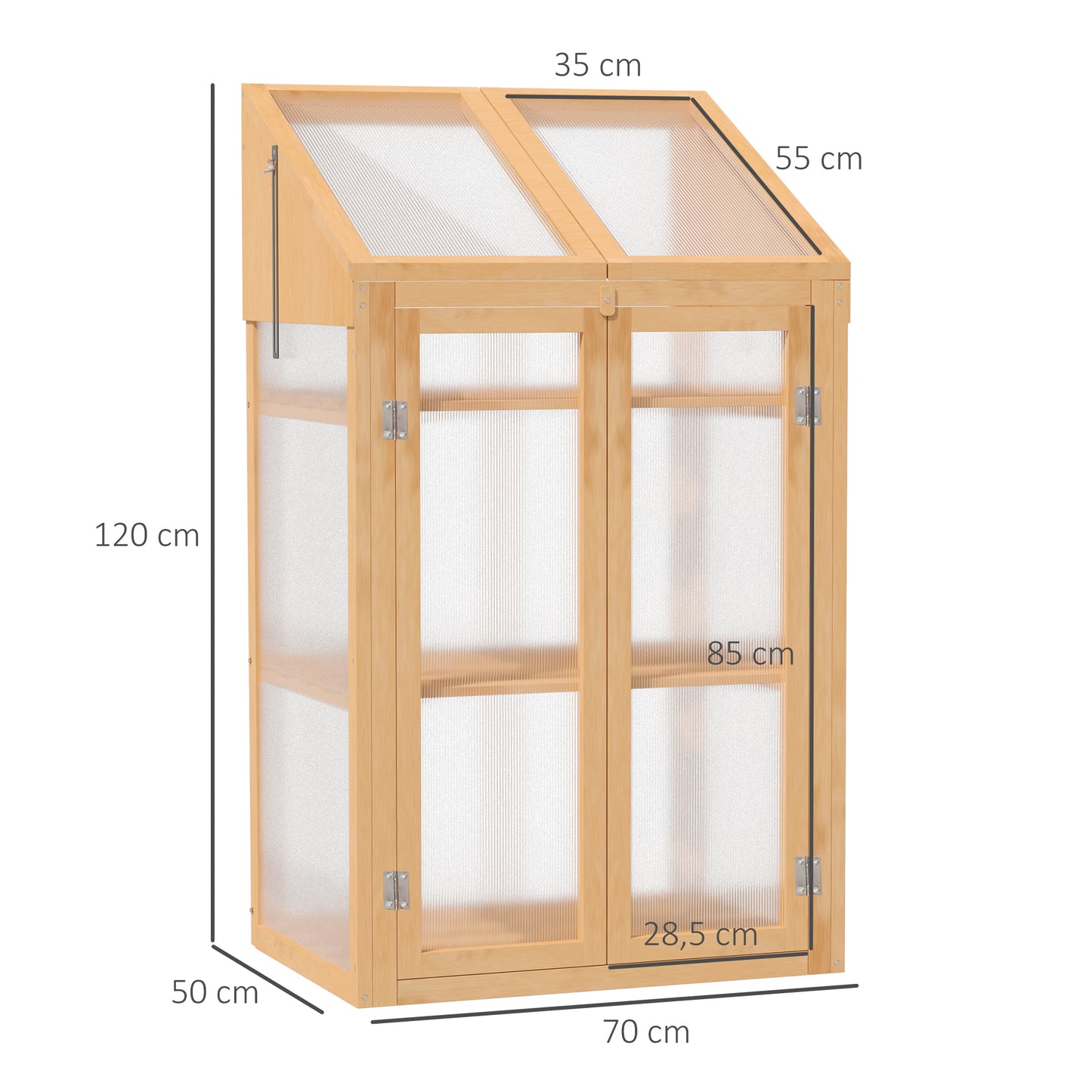 Outsunny Mini-Gewachshaus, kleines Treibhaus mit Holzrahmen, Fenster och Doppeltür, 3 Regale, 70L x 50B x ​​120H cm, Braun