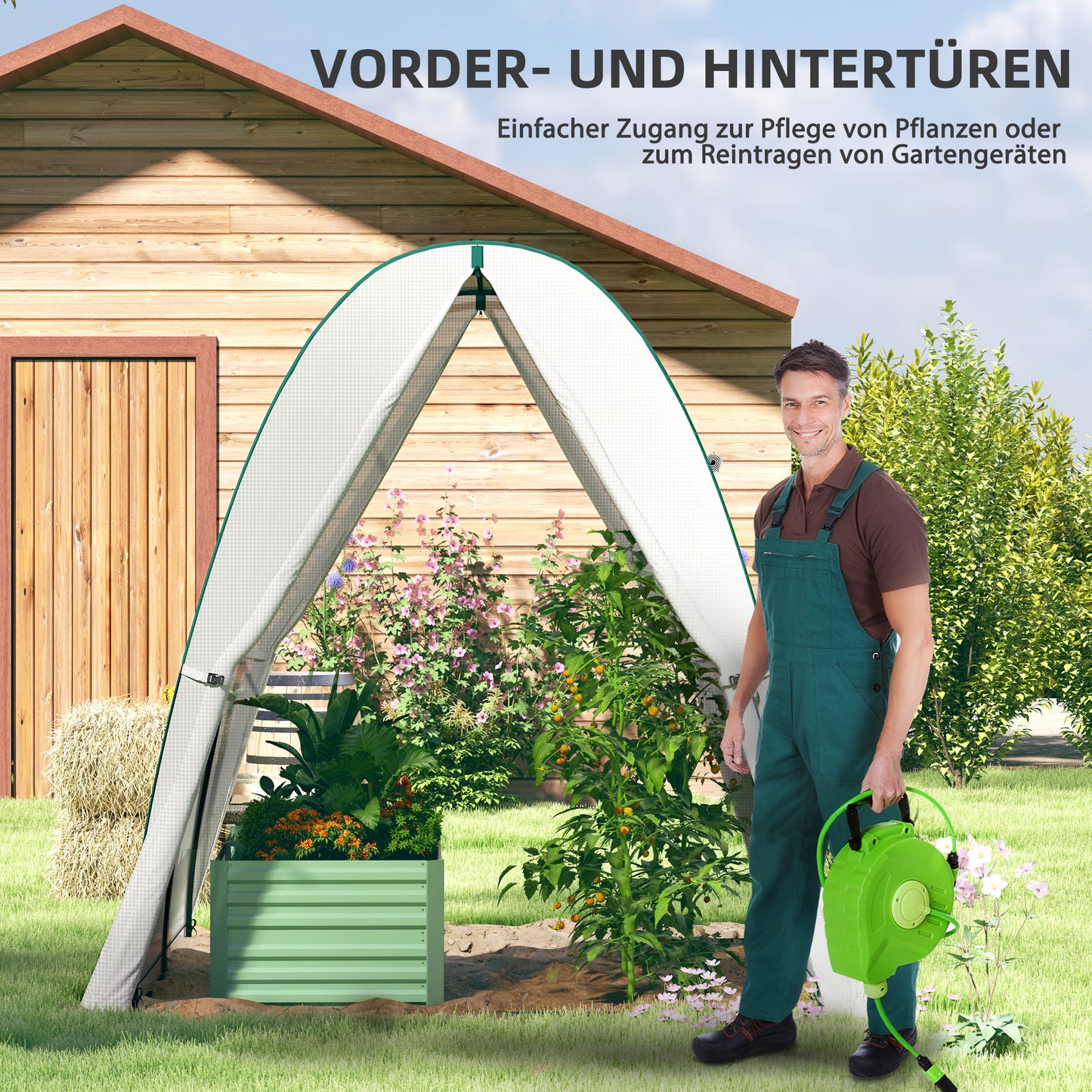 Outsunny Bogen-Gewächshaus mit Sandsäcken und Kunststoff-Abdeckung, 2 Rolltüren, Netzfenster, tragbar, 1,8 x 1,8 x 2 m, Weiß