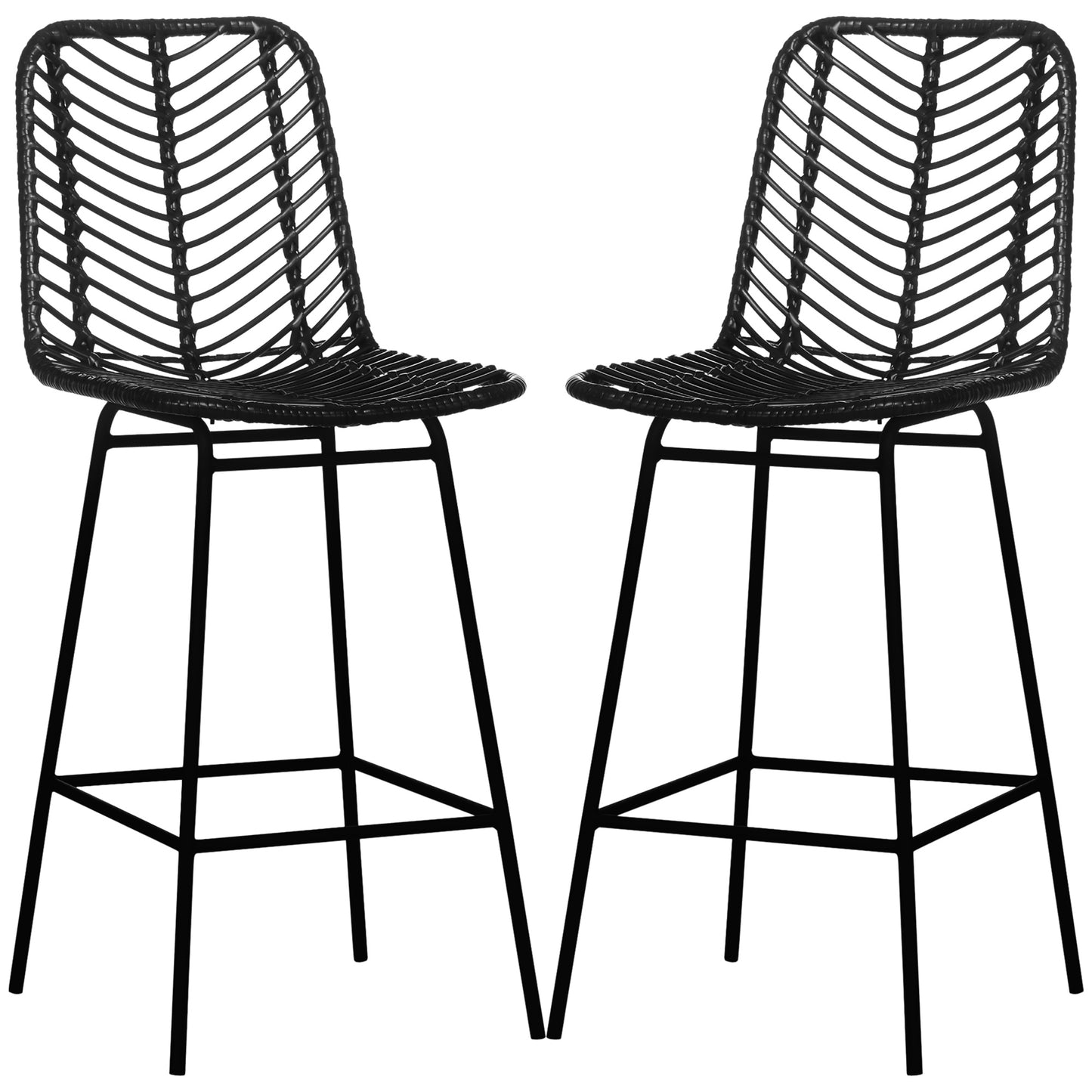 HOMCOM Barhocker, 2er-Set, Rattanoptik, Fußstütze, Stahlrahmen, rutschfest, bis 120 kg, 42,5x52x102 cm, Schwarz