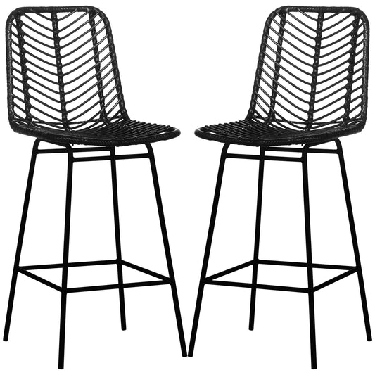 HOMCOM Barhocker, 2er-Set, Rattanoptik, Fußstütze, Stahlrahmen, rutschfest, bis 120 kg, 42,5x52x102 cm, Schwarz