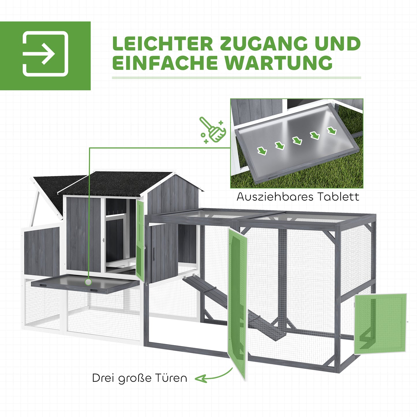 PawHut Hühnerstall mit Auslauf für 3-4 Hühner, 3-tlg. Nistkasten, 1,9 m² Fläche, Tannenholz, Grau