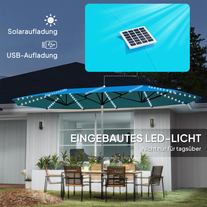 Outsunny Doppelschirm mit Solar-Lichtern, Aluminium, Polyester, UPF50+ Schutz, UV-beständig, Terrassenschirm, Blau