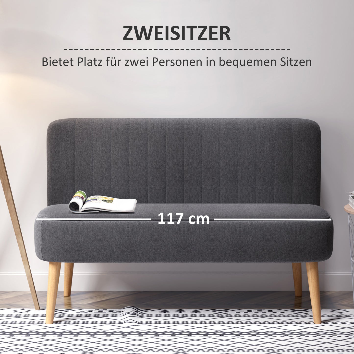 HOMCOM 2-Sitzer Sofa, weiche Polsterung, pflegeleichter Bezug, bis 150 kg, 117 x 56,5 x 77 cm, Dunkelgrau