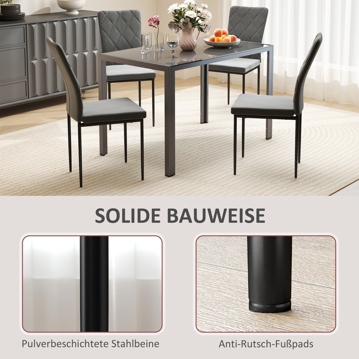 HOMCOM 4er-Set Esszimmerstühle in Samtoptik, Moderne Polsterstühle mit Metallbeinen, für Esszimmer, Schlafzimmer, Küche, Grau