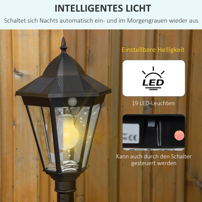 Outsunny Solar Gartenlaterne Laterne Gartenleuchte Wegleuchte mit 19 LED 130 Lumen 3000K Aluminium gehärtetes Glas Schwarz 22 x 22 x 194 cm