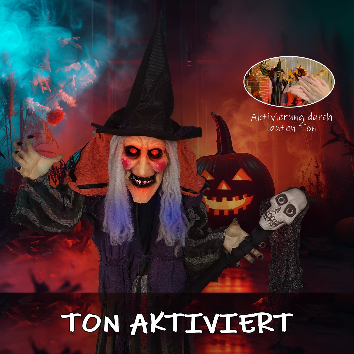 Outsunny 160 cm Halloween Dekoration Halloween Hexe mit LED-Lichter, Soundfunktion verstellbare Arme, Körper