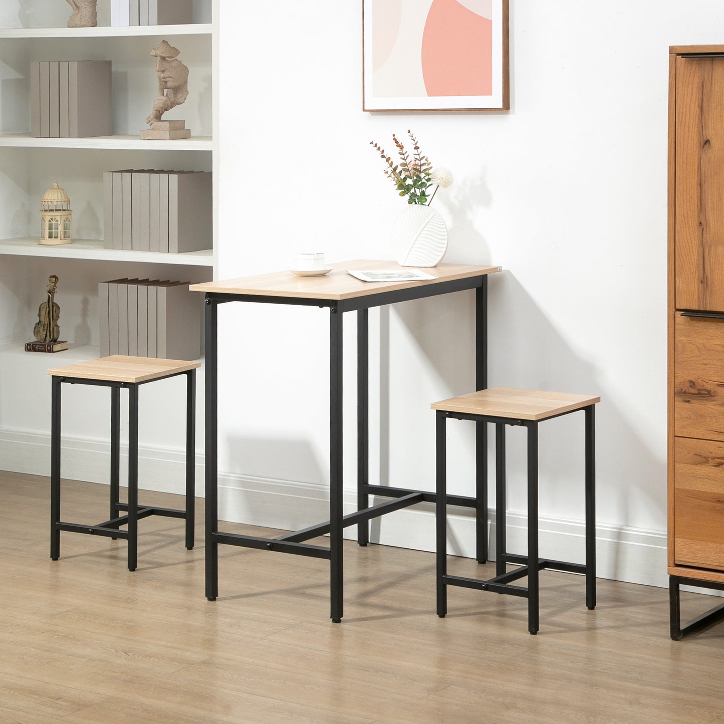 HOMCOM Bartisch-Set im Industrie-Design, 3-teilig, 1 Tisch, 2 Hocker, Schwarz + Natur