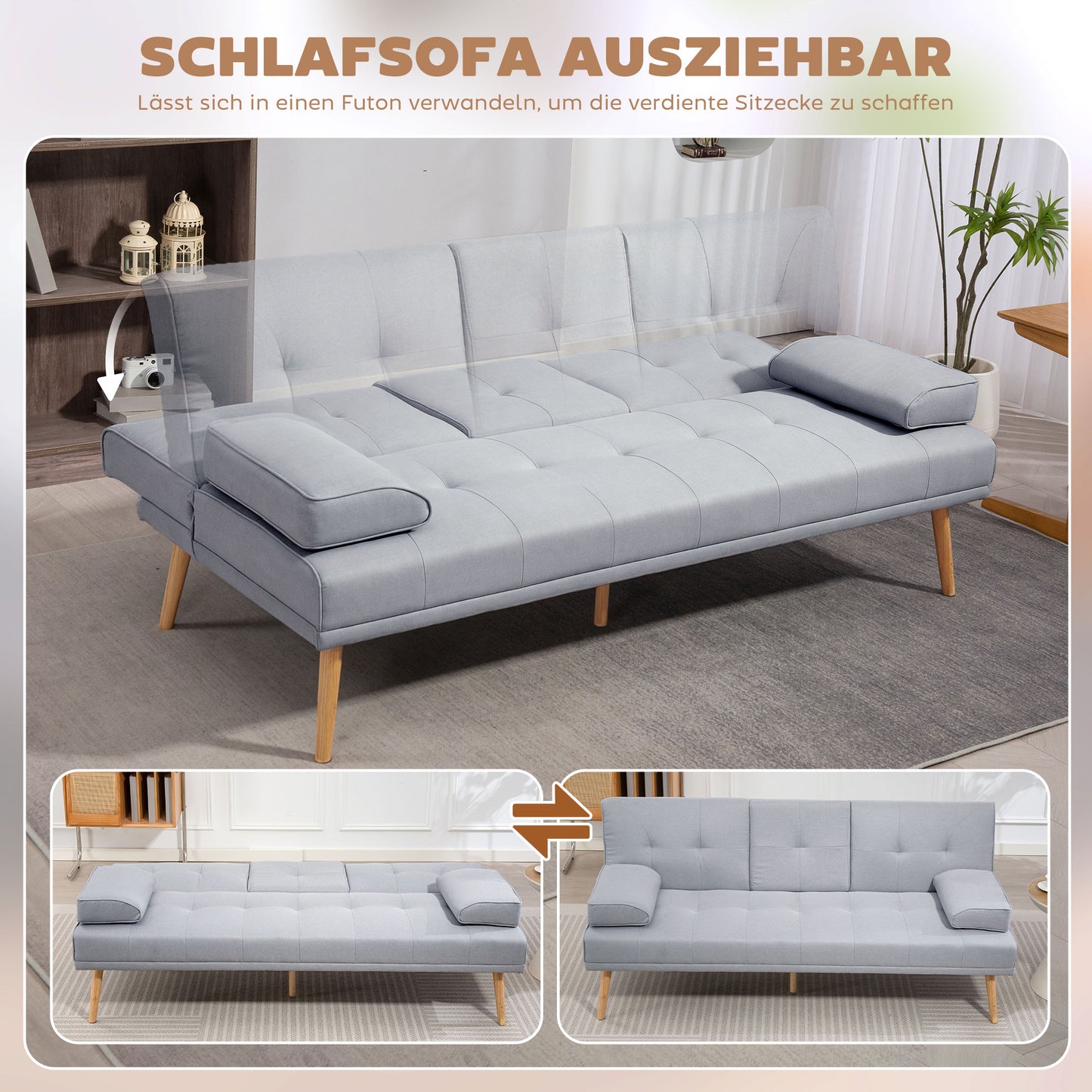 HOMCOM Schlafsofa, 3-Sitzer-Sofa, Bettsofa mit Klappbarem Tisch, Stoffsofa mit Leinenoptik, Schlafcouch mit Becherhalter, im Skandi-Design, bis 250 kg Belastbar, Hellgrau