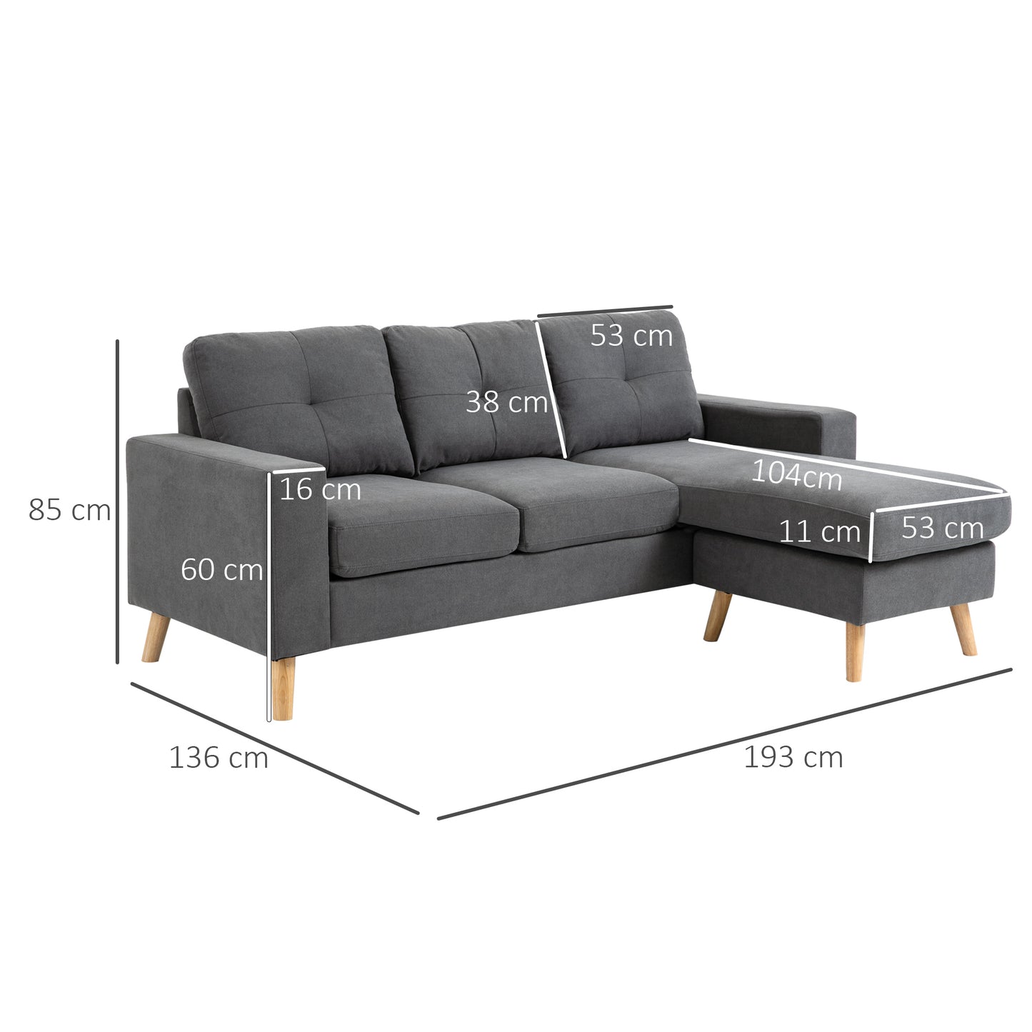 HOMCOM Ecksofa im Skandidesign, mit Knopfheftung, Massivholz, Leinenoptik, Grau
