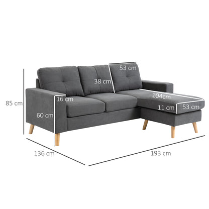 HOMCOM Ecksofa im Skandidesign, mit Knopfheftung, Massivholz, Leinenoptik, Grau