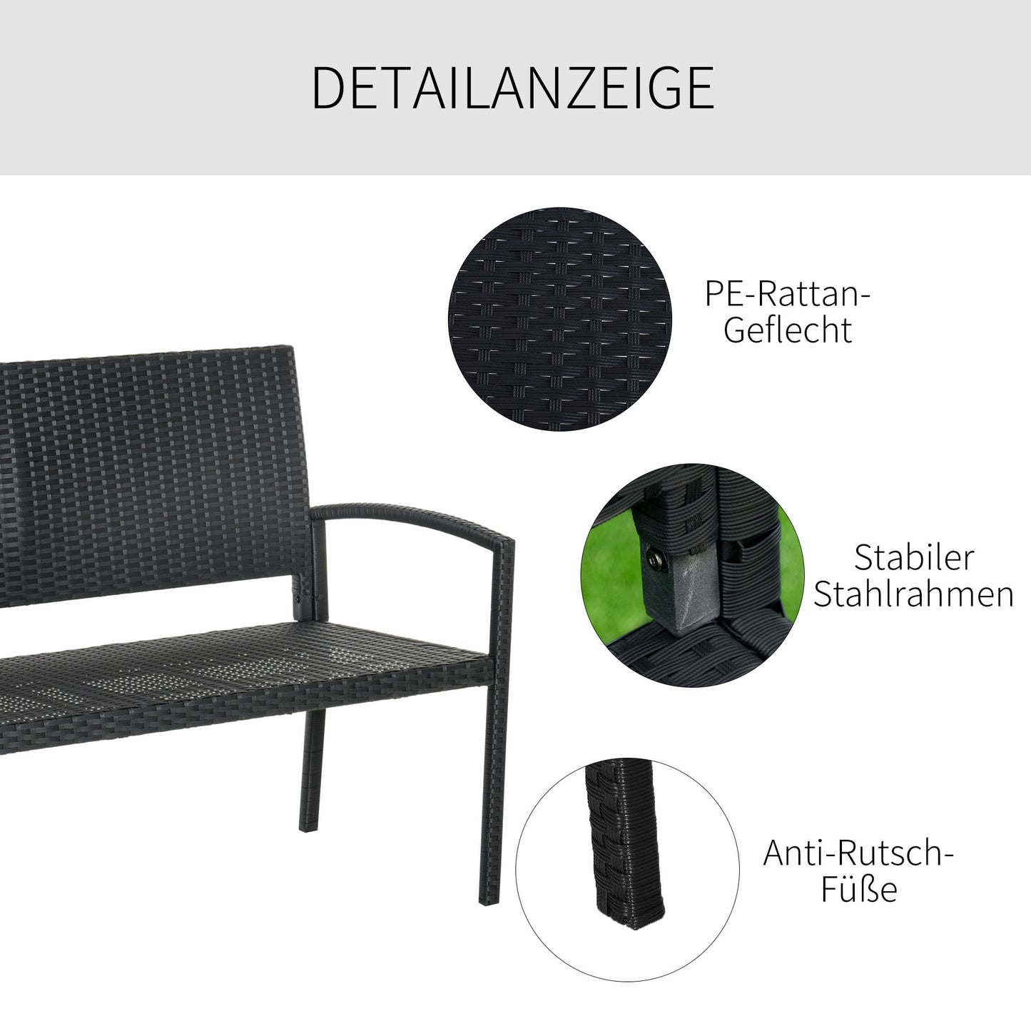 Outsunny Gartenbank, in Rattanoptik, mit Stahlrahmen, für 2 Personen, Schwarz, 122 x 60 x 85cm