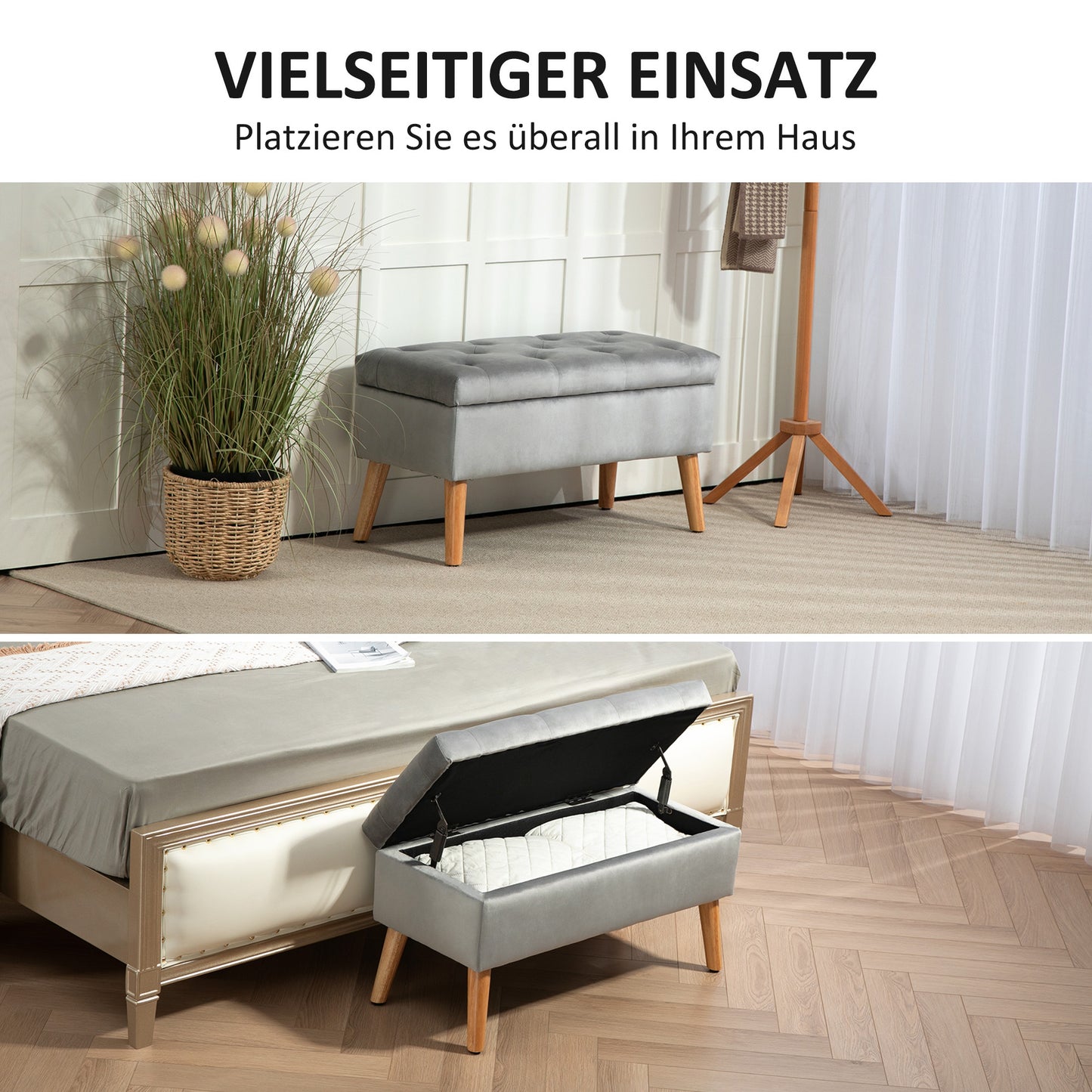 HOMCOM Polsterbank mit Stauraum, Stoffbezug in Samtoptik, Holzbeine, für Wohnzimmer, Schlafzimmer, Flur, 80 x 35 x 42 cm, Grau