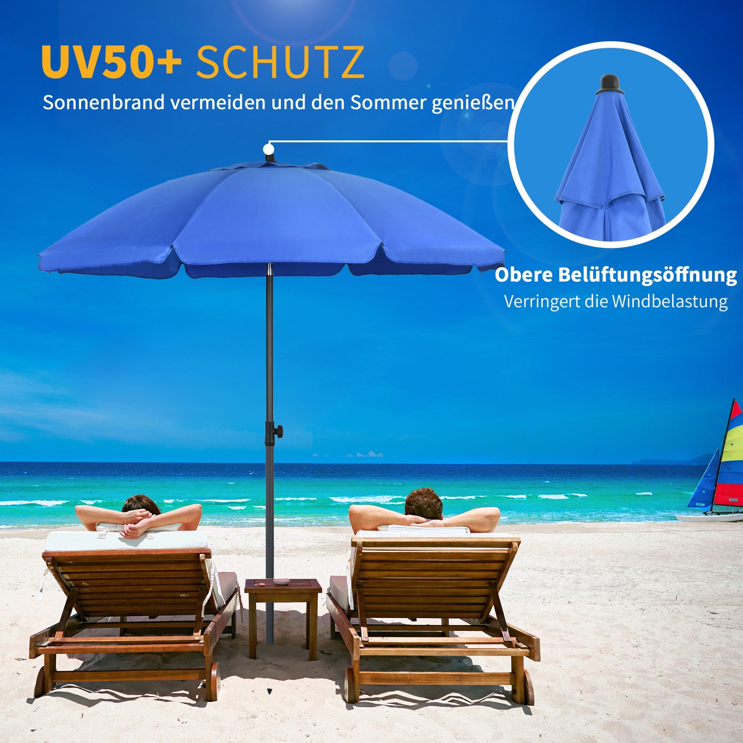 Outsunny Strandschirm, Sonnenschirm, mit Belüftungsöffnungen, verstellbare Neigung, UV50+ Ø1,80, Blau