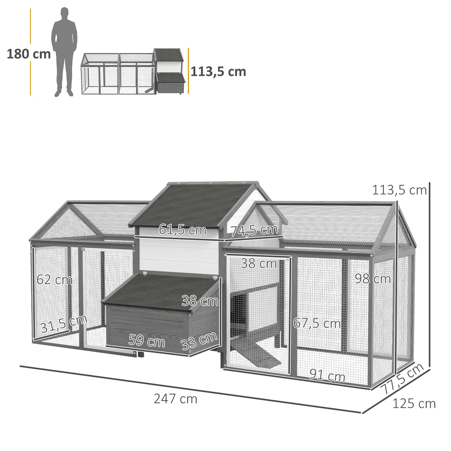 PawHut Hühnerstall Kleintierstall 2 Außengehege, 1 Nistkasten, 2 Rampen, Asphaltdach, wetterbeständig, Grau