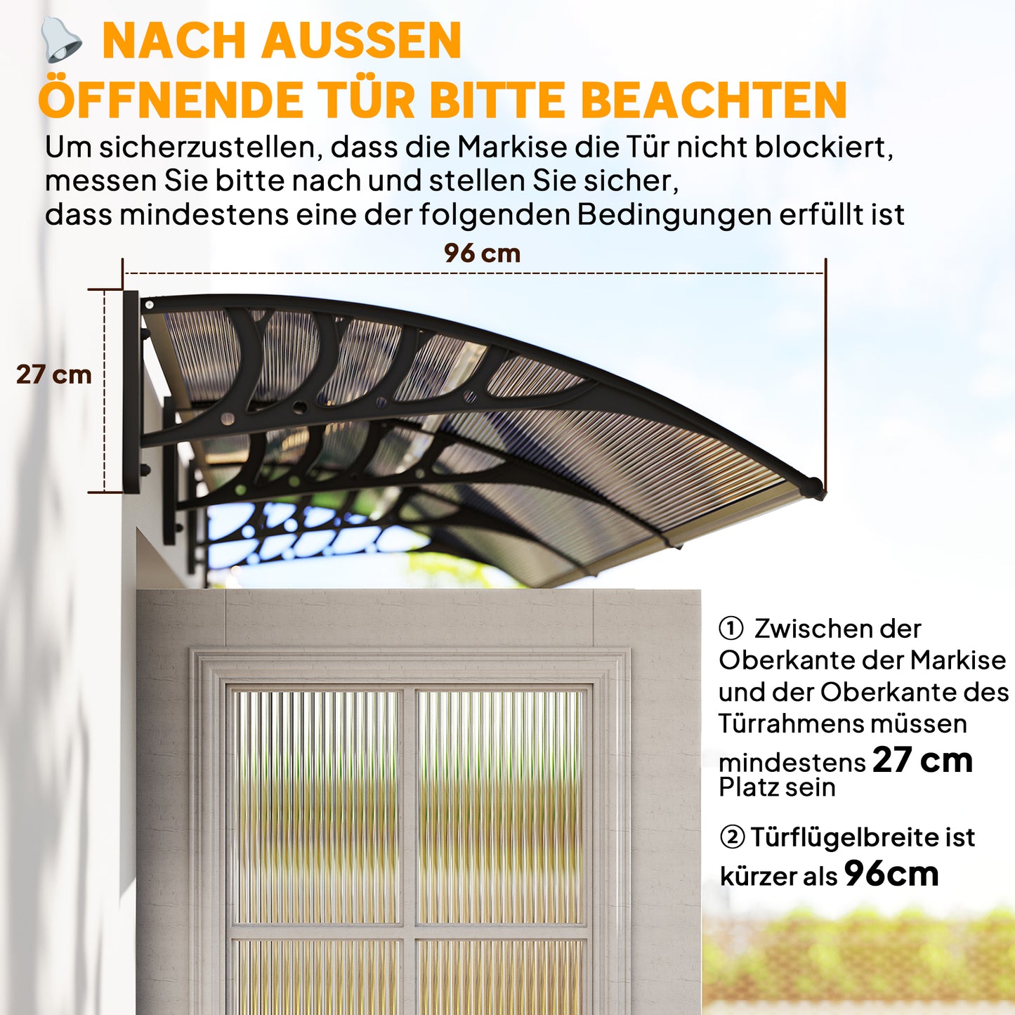 Outsunny Vordach für Haustür/Fenster, wetterfest, Braun, Aluminium/Polykarbonat, 303x96x27cm, Schwarz