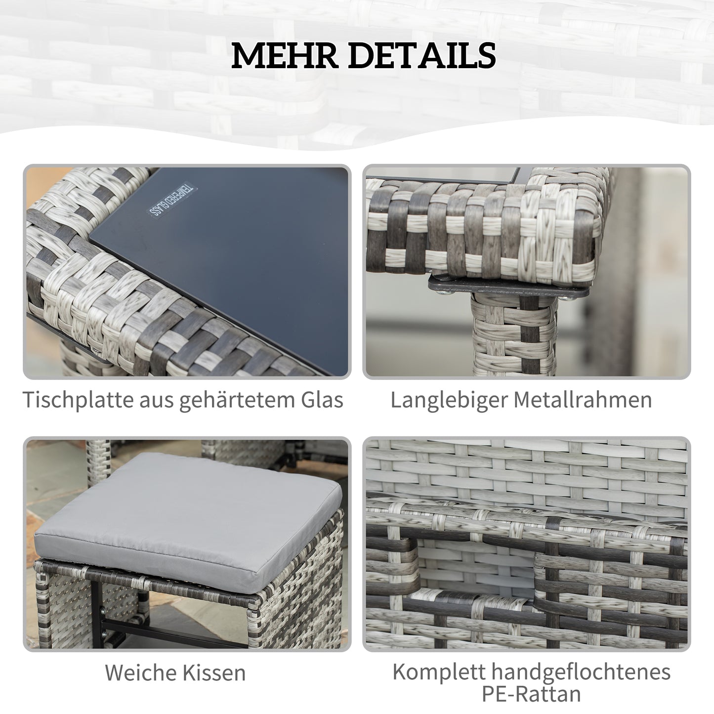 Outsunny Polyrattan Sitzgruppe für 4 Personen Essgruppe Gartenset Garnitur mit Kissen, Grau