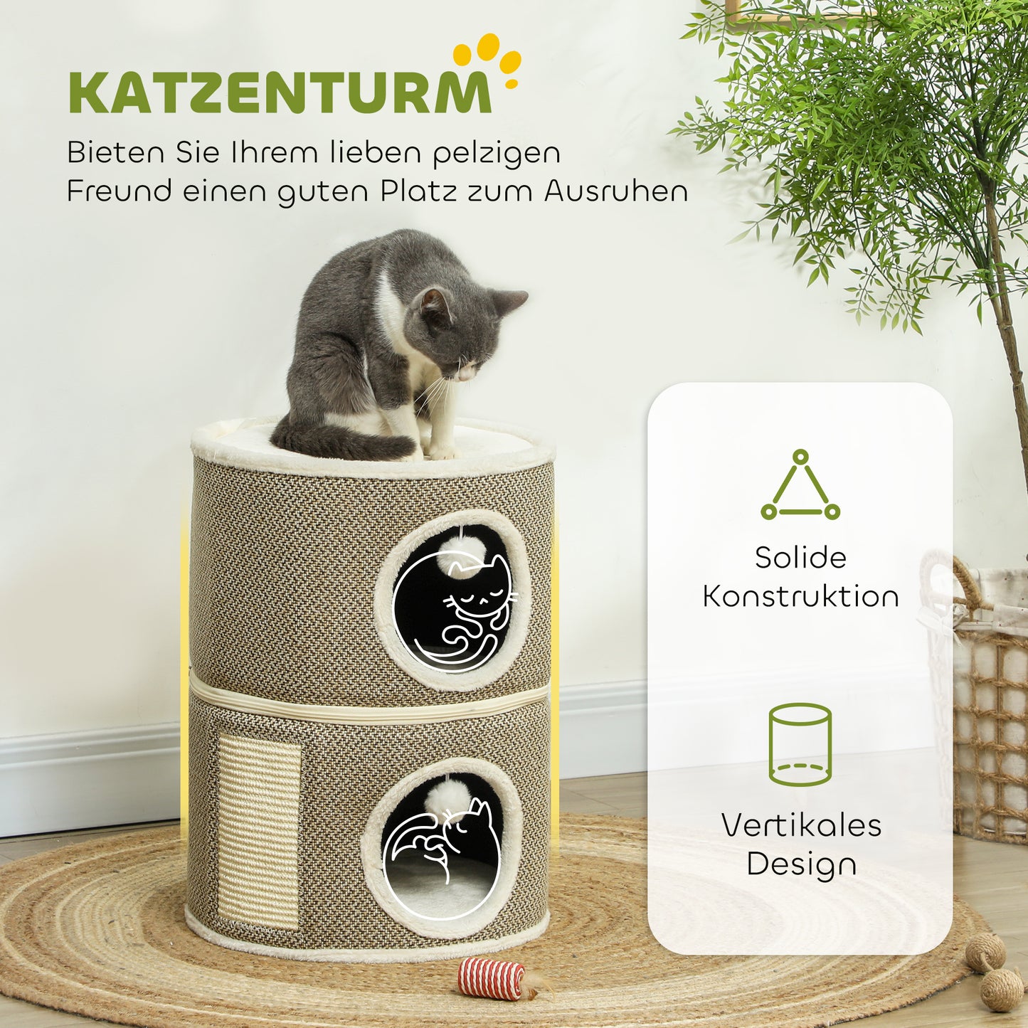 PawHut Katzenhöhle, 3 Etagen, Katzenhaus, Plüsch, Kissen, Sisal-Kratzbrett, Φ40 x 56H cm, Kaffee/Cremeweiß