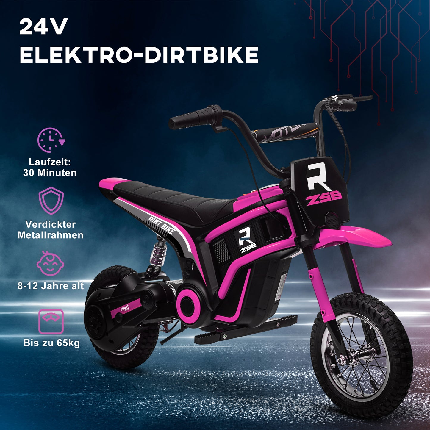 HOMCOM Elektro-Motorrad für Kinder, 24V Kindermotorrad mit Hupe, Leuchte, mit Drehgriff-Gashebel, 8-16 km/h, 8-12 Jahre, Rosa