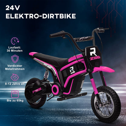HOMCOM Elektro-Motorrad für Kinder, 24V Kindermotorrad mit Hupe, Leuchte, mit Drehgriff-Gashebel, 8-16 km/h, 8-12 Jahre, Rosa