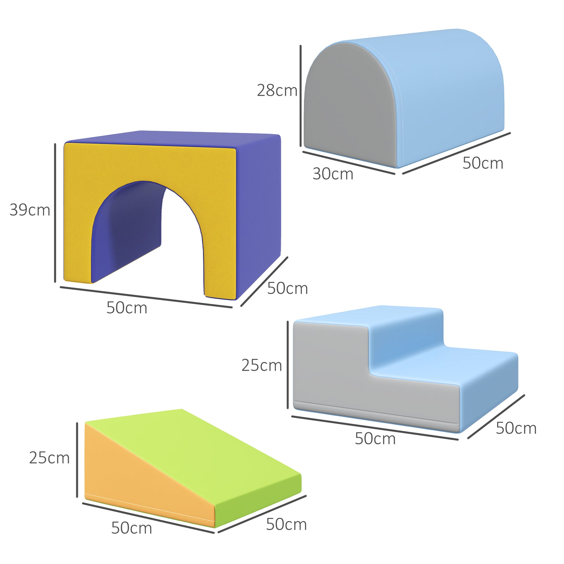HOMCOM 4er Softbaustein-Set zum Klettern und Rutschen, Kunstlederbezug, für Kinder im Alter von 1-3 Jahren, Mehrfarbig