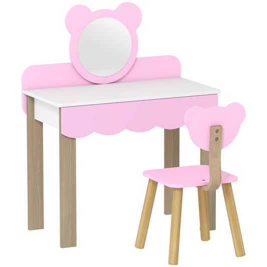 AIYAPLAY Frisiertisch-Set mit Hocker für Kinder, Schminkspiegel, Bärchenform, Schublade, MDF, Rosa