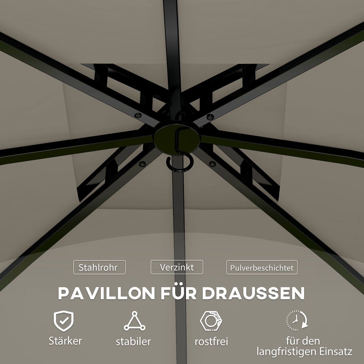 Outsunny 3,4 x 3,4 m Gartenpavillon, Bierzelt mit Lüftungsdach, Bogenfenstern, Stahlgestell, Hellgrau