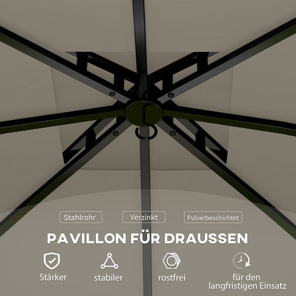 Outsunny 3,4 x 3,4 m Gartenpavillon, Bierzelt mit Lüftungsdach, Bogenfenstern, Stahlgestell, Hellgrau