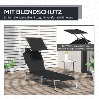 Outsunny Sonnenliege klappbar Gartenliege mit Sonnenschutz Liegestuhl mit 4-Fach verstellbare Rückenlehne Campingliege bis 120kg belastbar für Garten, Balkon und Pool geeignet, 6 Farben(Schwarz )