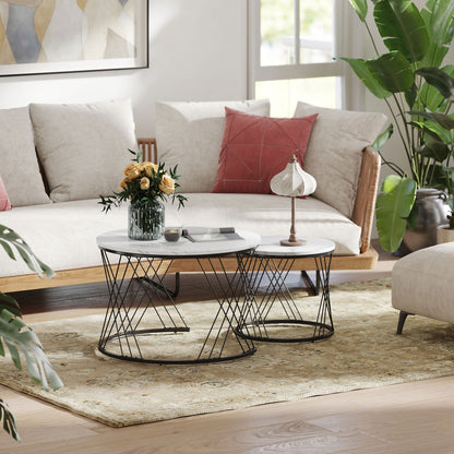 HOMCOM Couchtische im 2er-Set, Marmoroptik, Spanplatte, Metall, runde Kaffeetische für Wohnzimmer, ineinanderstellbar, Weiß