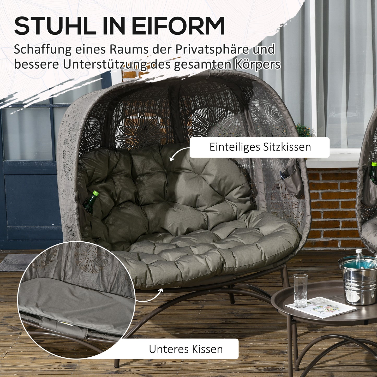 Outsunny Gartenmöbel-Set, 2 Korbsessel mit Beistelltisch, faltbar, Sitzauflagen, Metallgestell, Farbe: Sand