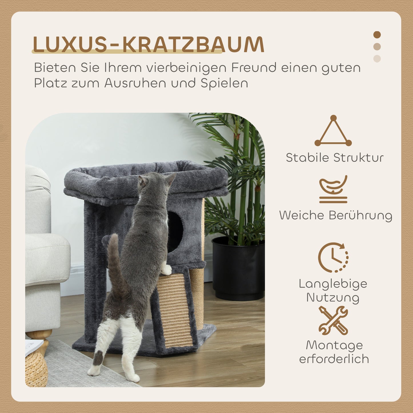 PawHut Kratzbaum mit Jute-Kratzmatte, Liegeplattform, Spielball, Katzenhaus, Beige, 40 x 40 x 57 cm