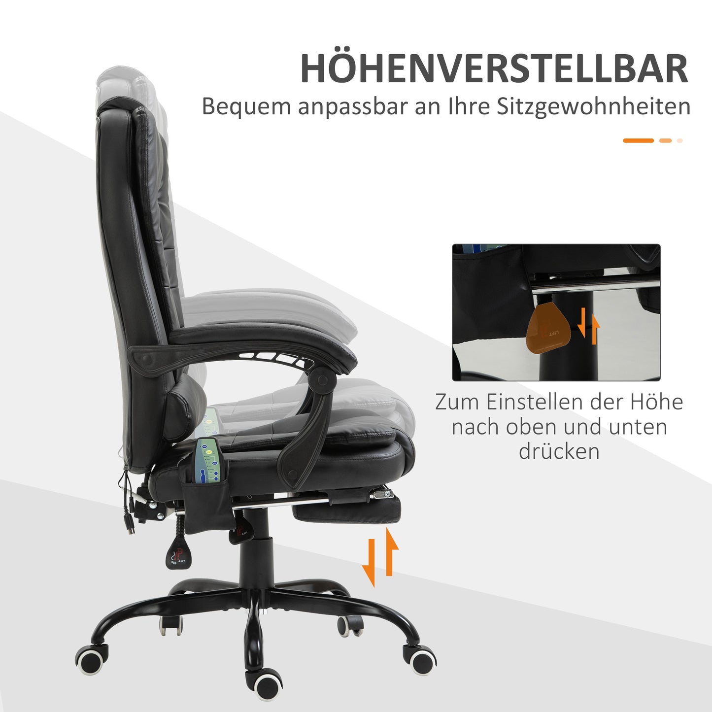 Vinsetto Schreibtischstuhl mit 7 Massagepunkten, höhenverstellbarer Drehstuhl mit integrierter Fußstütze, 67 x 79 x 111-121 cm