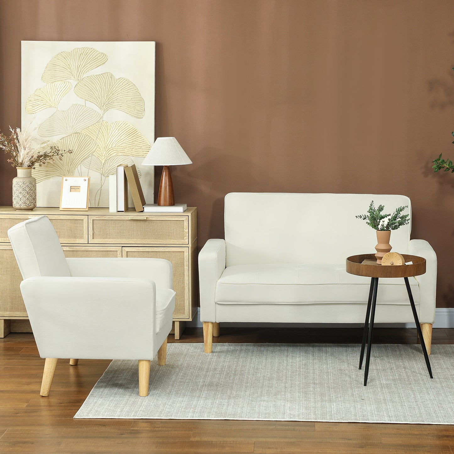 HOMCOM 2-Sitzer-Sofa, Doppelsitzsofa mit Kautschukholzbeinen, Polstersofa für Wohnzimmer, Schlafzimmer, Cremeweiß