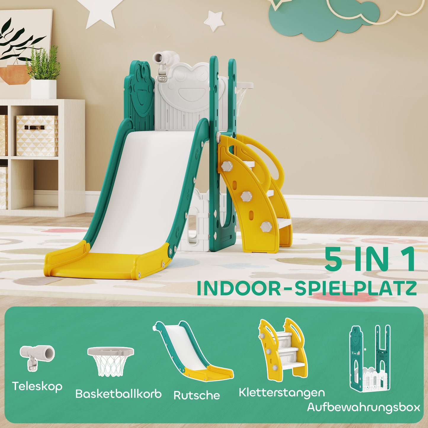 AIYAPLAY 5-in-1 Kinderrutschenset, Teleskop, Basketballkorb, Kunststoff, Gelb+Grün