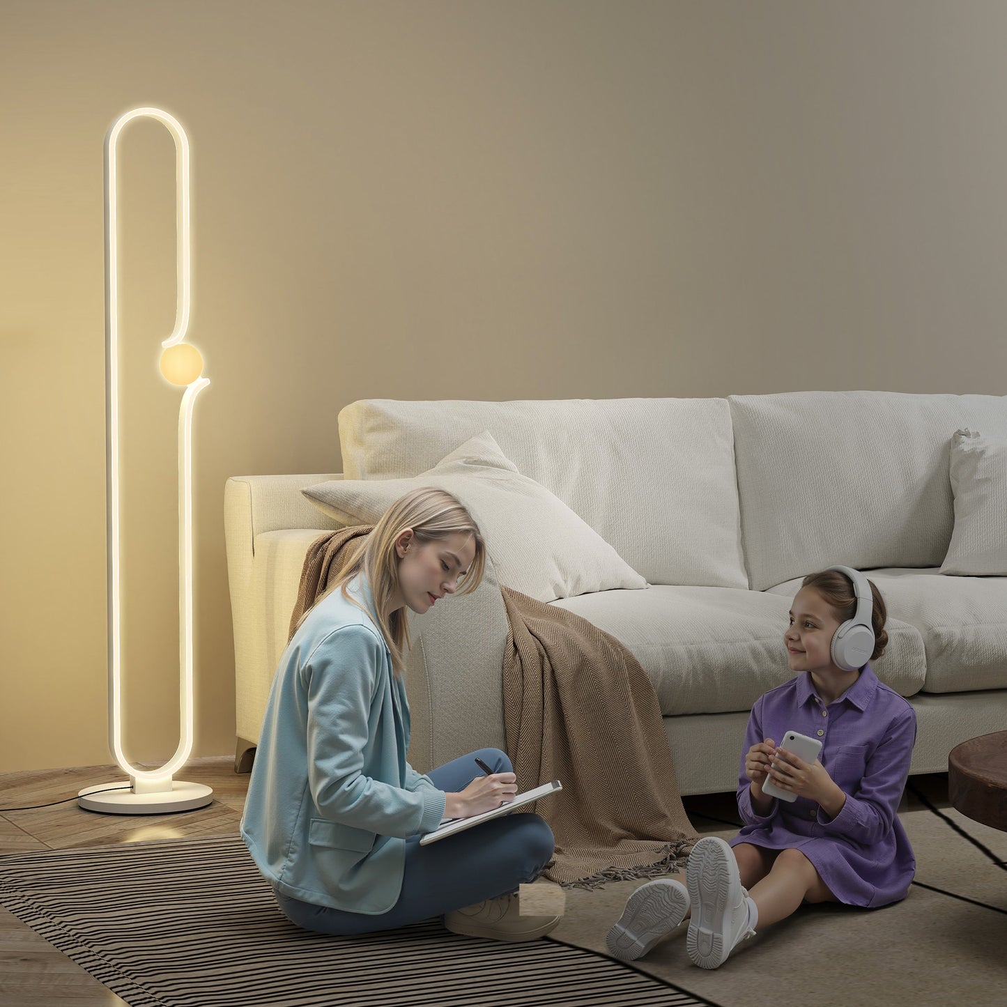 HOMCOM LED-Bodenlampe, Musiknoten-Design, Glasschirm, Metall, Kunststoff, Weiß