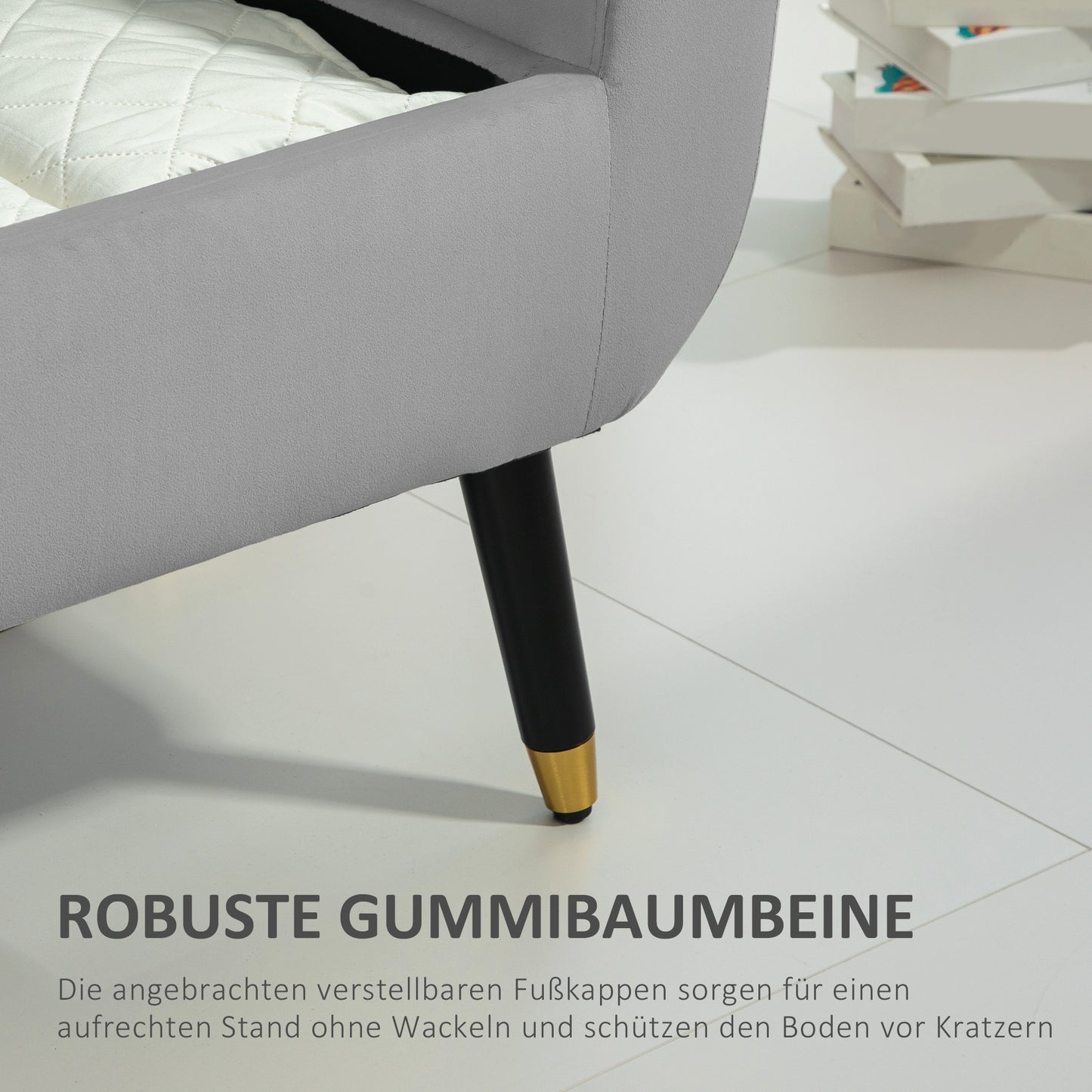 HOMCOM Sitzbank mit Stauraum und Armlehnen, Truhenbank, samtartiges Polyester, Kautschukholz, Hellgrau, 107 x 42 x 65 cm