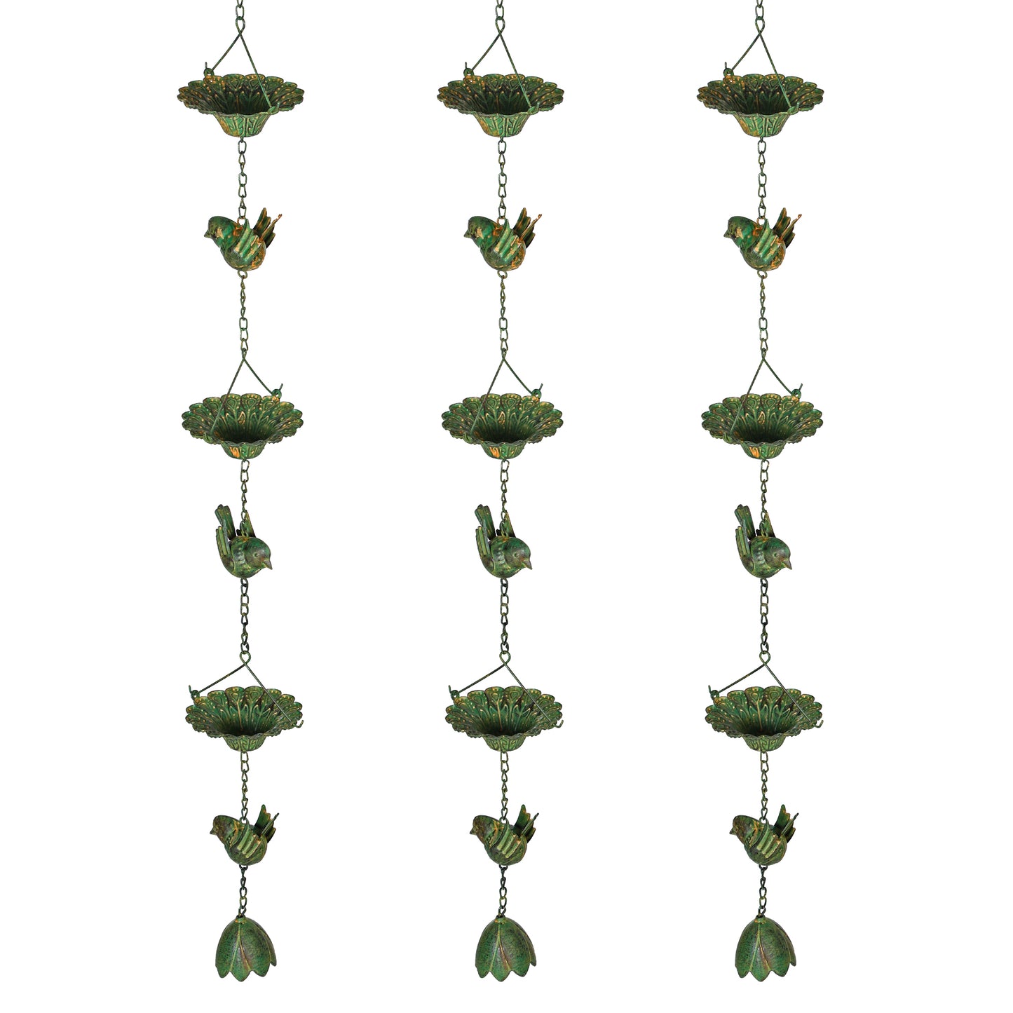 Outsunny 3er Set Regenkette 123cm Regenablaufkette aus Metall Ablaufkette mit befestigtem Aufhänger Vögeln Bell Grün