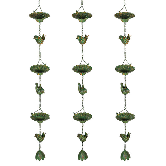 Outsunny 3er Set Regenkette 123cm Regenablaufkette aus Metall Ablaufkette mit befestigtem Aufhänger Vögeln Bell Grün