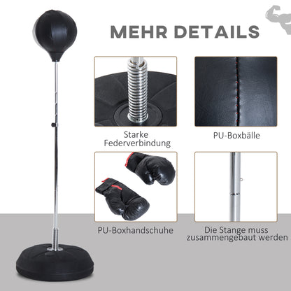 HOMCOM Box-Set mit Punchingball, höhenverstellbar, inkl. Boxhandschuhe, 126-144cm, Schwarz