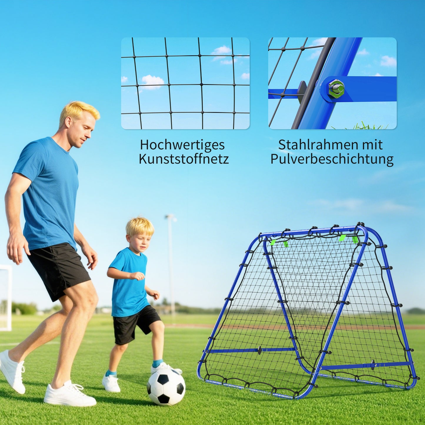 HOMCOM Rebounder für Fußball, verstellbar Prellwand mit 5 Winkelpositionen und Rückprallwand Netz, 100 x 68-95cm Kickback Tor Fußballtor für Jugendliche, Rückprallwand für Handball Training, Blau