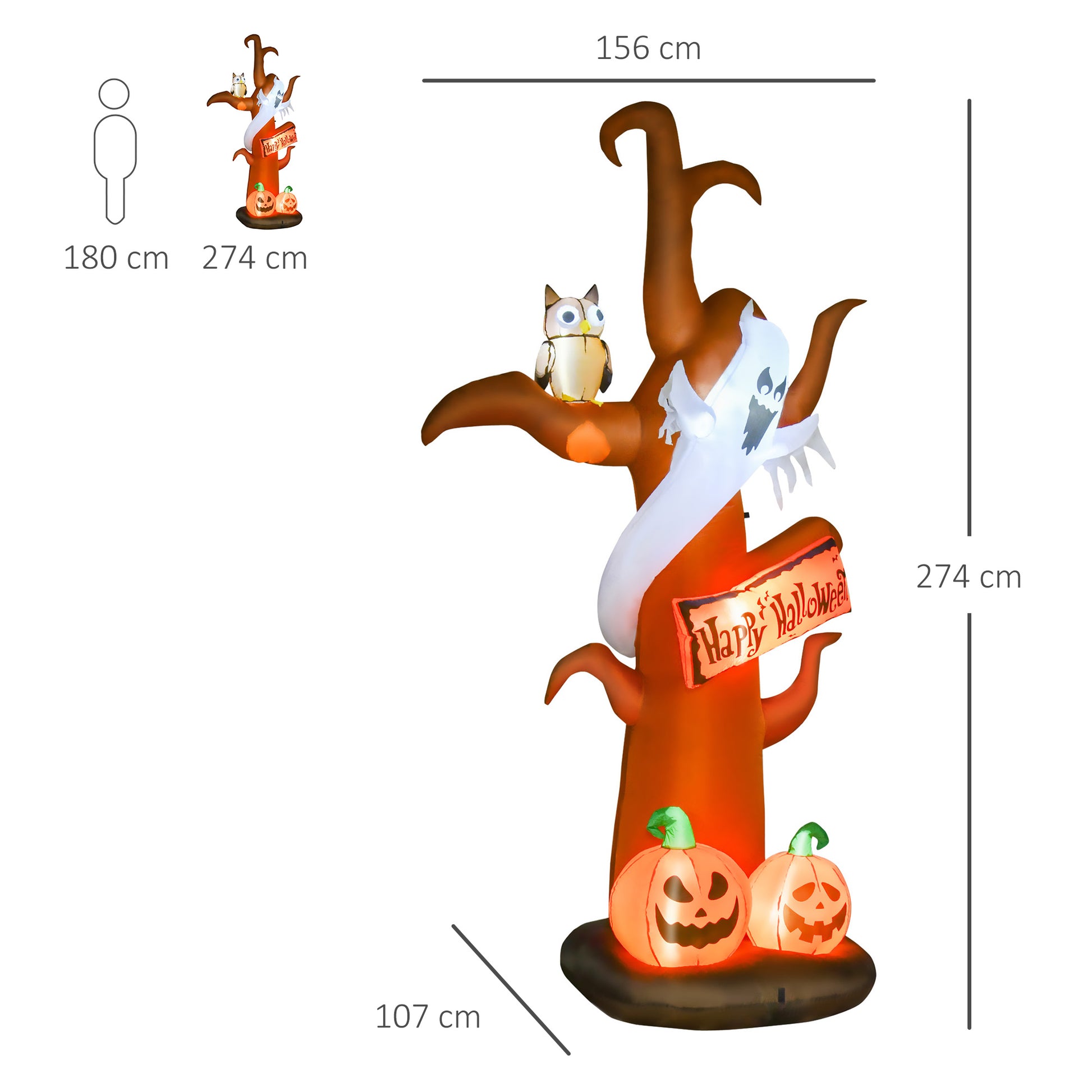 HOMCOM Selbstaufblasend Halloweendekoration mit LED-Lichtern, inkl. Gebläse und Befestigungsmaterial, 156cm x 107cm x 274cm