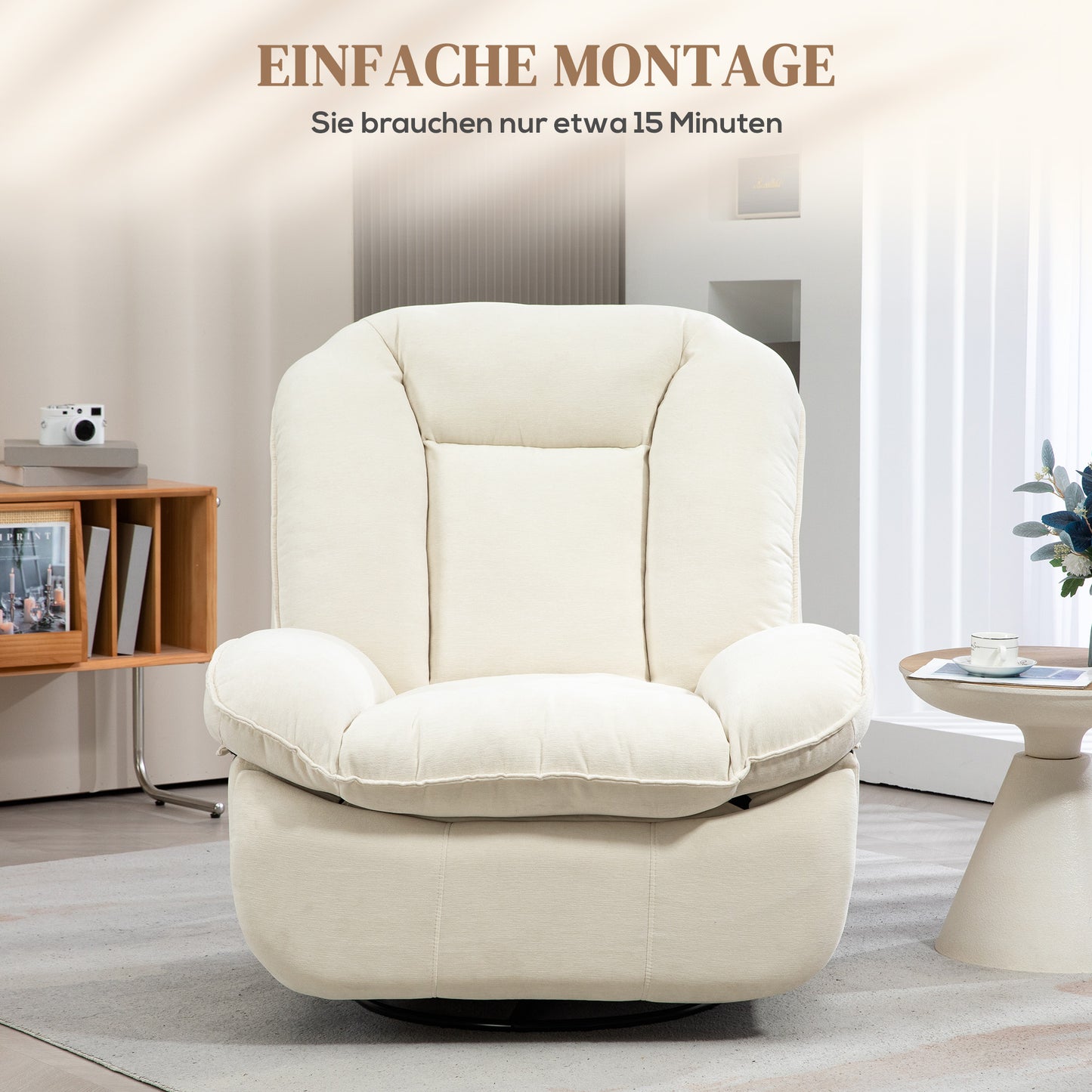 HOMCOM Relaxsessel, verstellbar, 104x100x102cm/164x76cm, Cremeweiß