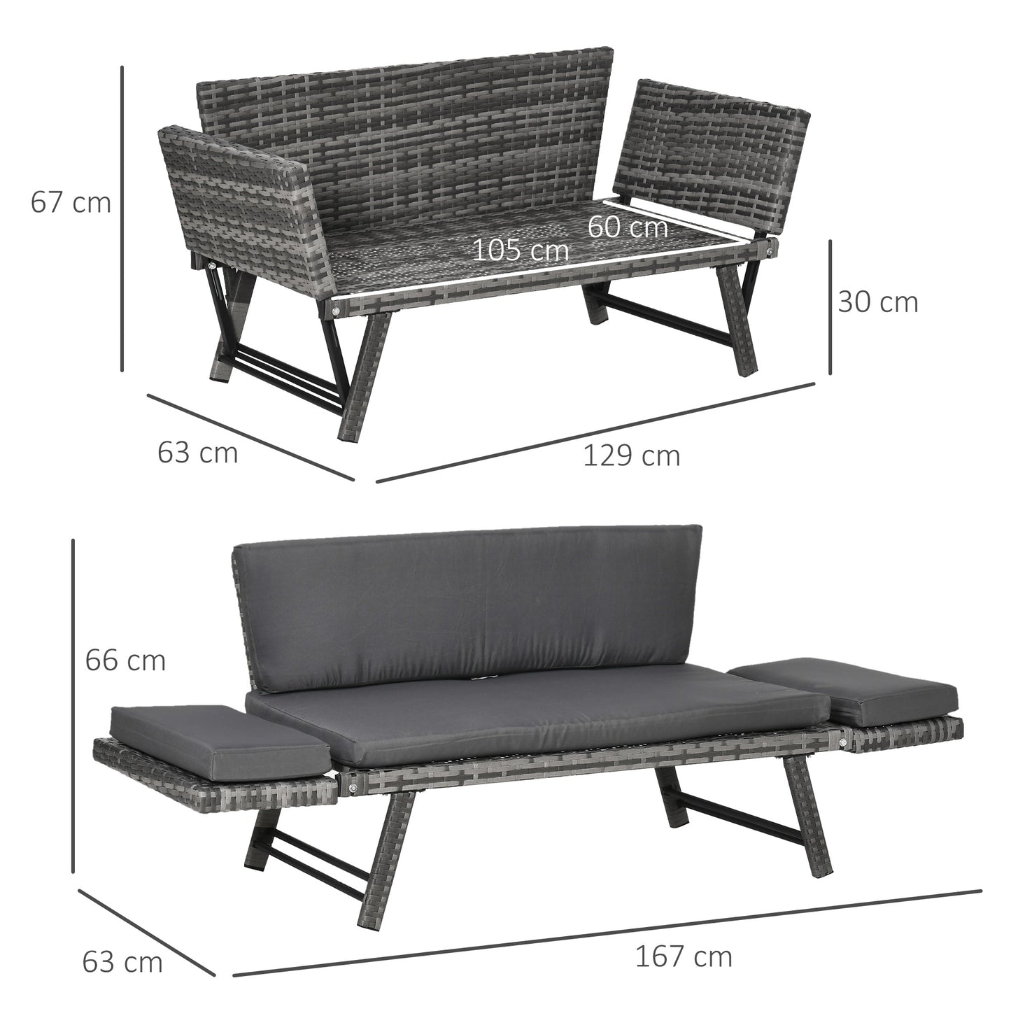 Outsunny Polyrattan Gartensoffa 2 Sitzer Gartenmöbel Loungesoffa Gartenbank Gartenliege klappbar Armlehnen Stahl Grau 129 x 63 x 67 cm
