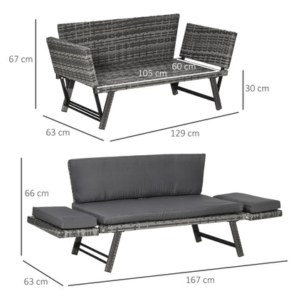 Outsunny Polyrattan Gartensoffa 2 Sitzer Gartenmöbel Loungesoffa Gartenbank Gartenliege klappbar Armlehnen Stahl Grau 129 x 63 x 67 cm