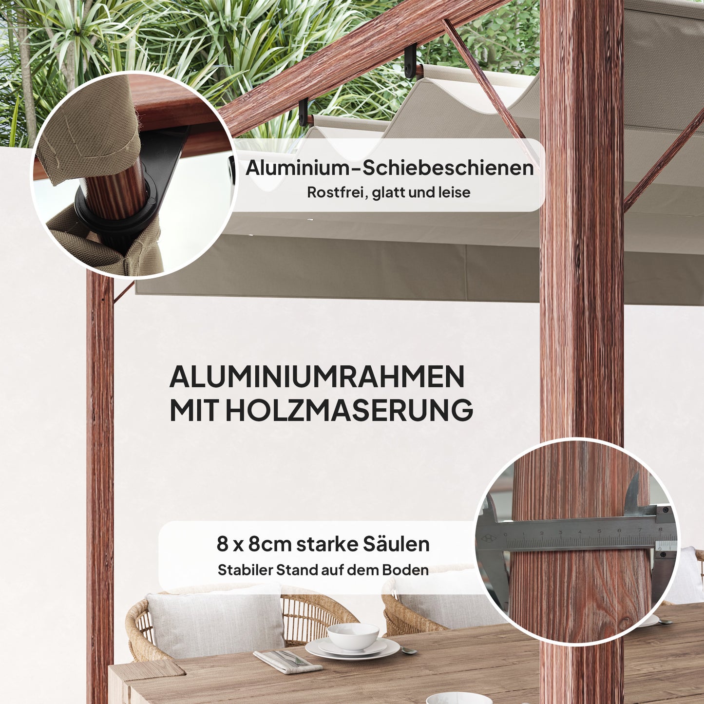 Outsunny 3 x 3 m Garten-Pergola, Verstellbares Terrassendach, Aluminium-Rahmen, UPF30+ Sonnenschutz, Naturholz